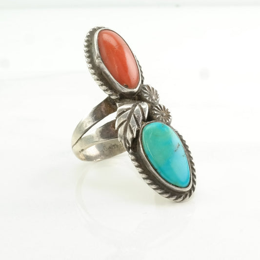 Native American Silver Ring Turquoise, Coral Floral Sterling Blue, Red Size 9 1/2