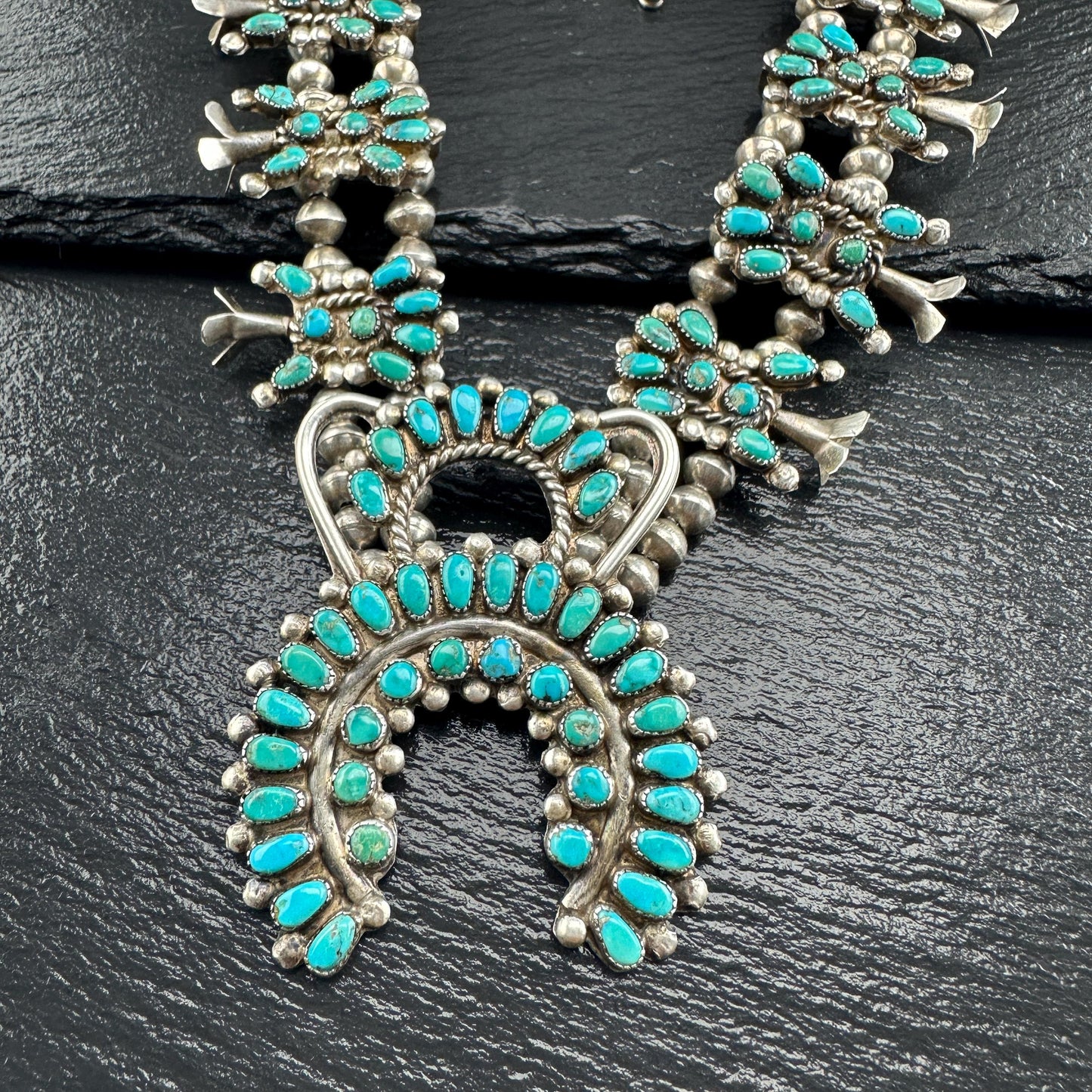 Vintage Zuni Sterling Silver Floral Squash Blossom Necklace with Blue Turquoise Cluster
