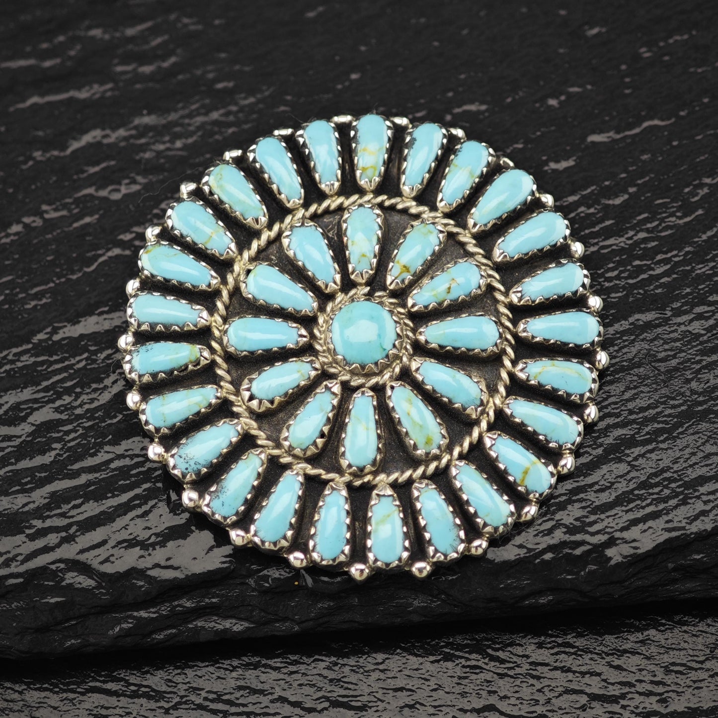 Vintage Southwest Sterling Silver Brooch Cluster, Blue Block Turquoise