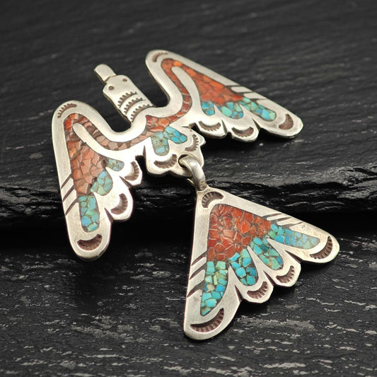 Native American Coral, Turquoise Inlay Thunderbird Pendant/Brooch, Sterling Silver P3020