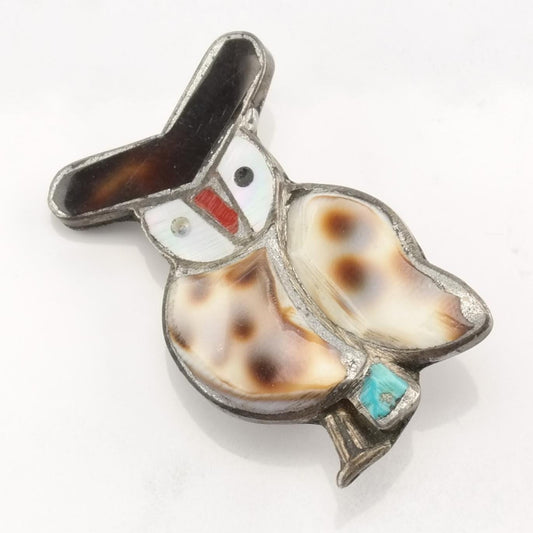 Native American Sterling Silver Brooch Inlay Shell Turquoise Coral