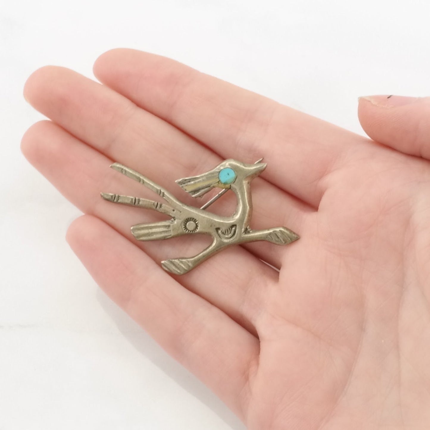 Vintage Southwest Sterling Silver Brooch Roadrunner Blue Turquoise