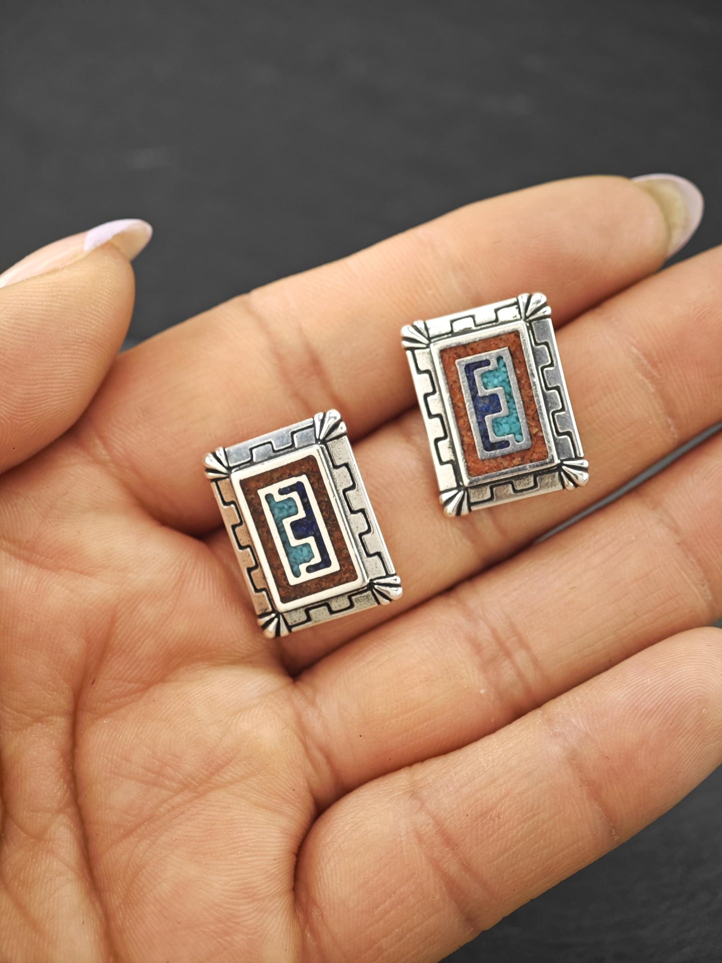 Vintage Carolyn Pollack, Inlay Sterling Silver Stud Earrings
