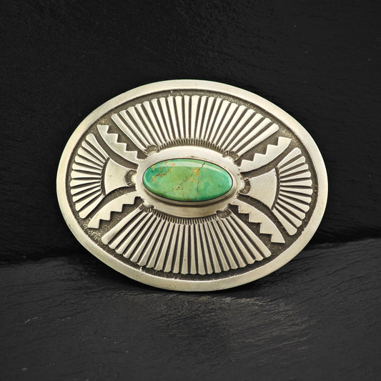 Turquoise Overlay Belt Buckle by Henry Morgan Native American Sterling Silver