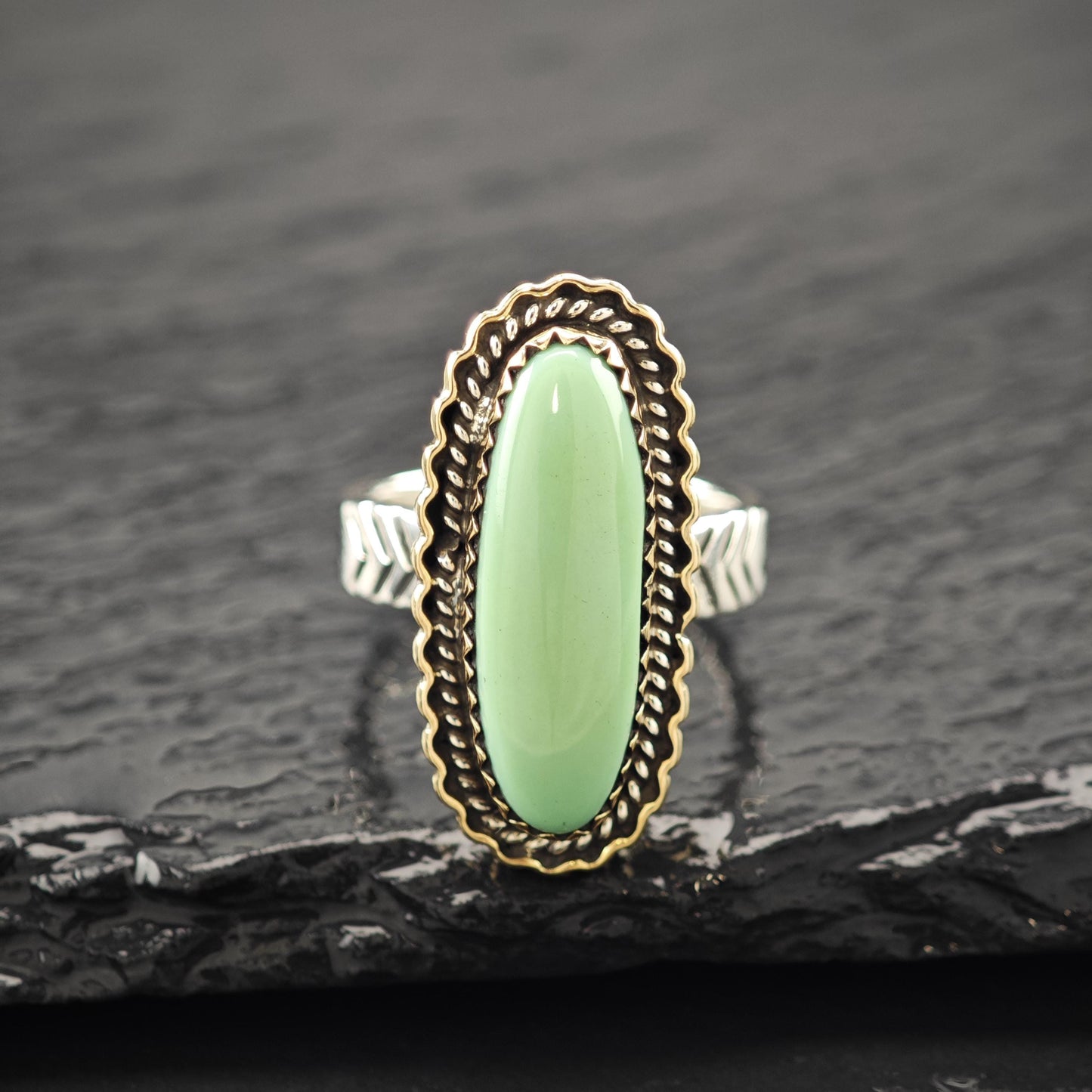 Long DTR Green Variscite Ring Sterling Silver, Brass Accent Sz 7 R5949
