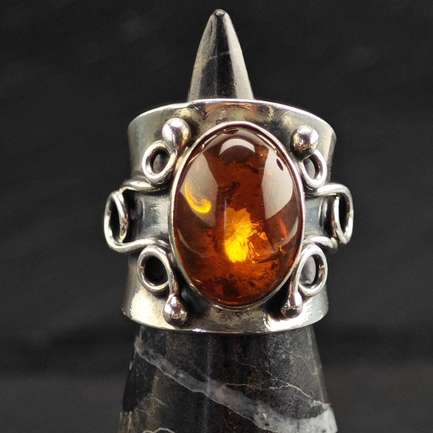 Large Amber Modernist Sterling Silver Ring Sz 6 3/4 R6727