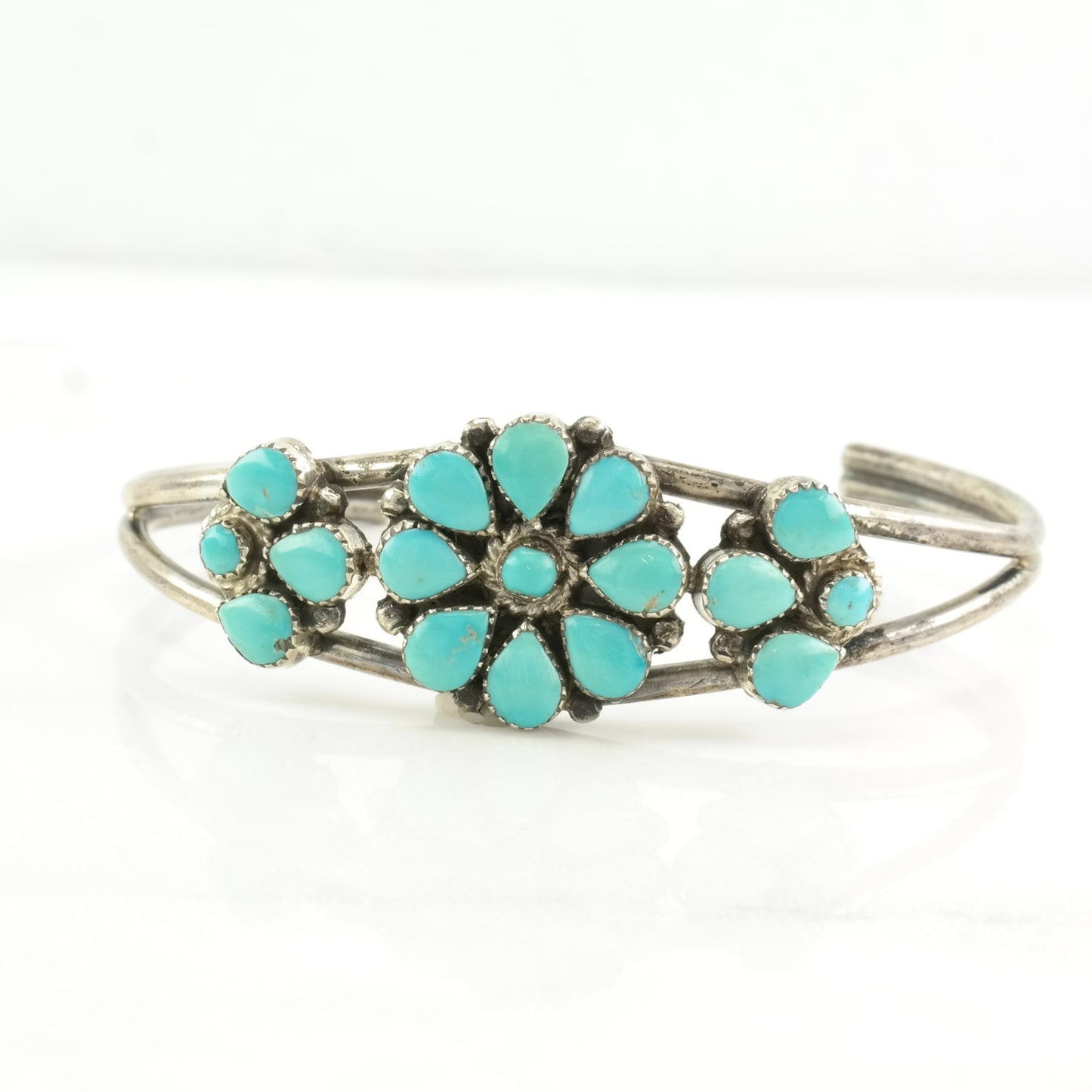 Native American Sterling Silver Cuff Bracelet Blue Turquoise Floral, Cluster