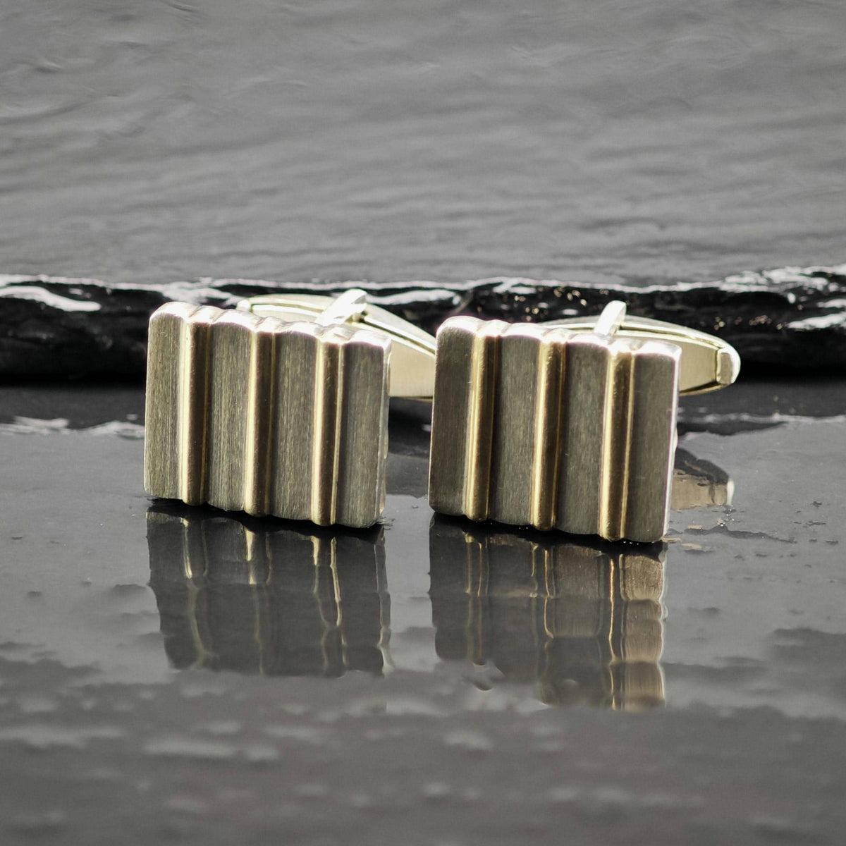 L&M Square 14K Gold Ribbed Accent Sterling Silver Cufflinks MISC0431