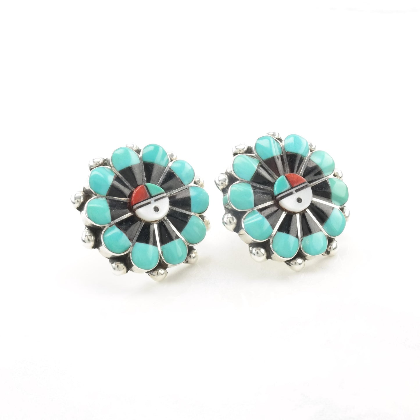 Vintage Zuni Native American Stud Earrings Sterling Silver Sunface Inlay