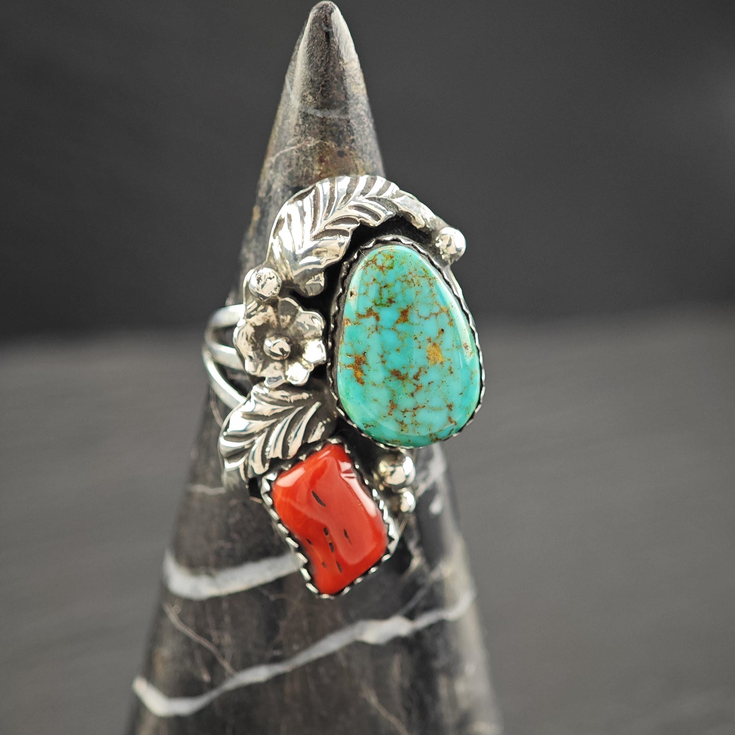 Turquoise Coral Native American Ring Sterling Silver Size 6 3/4 R5828