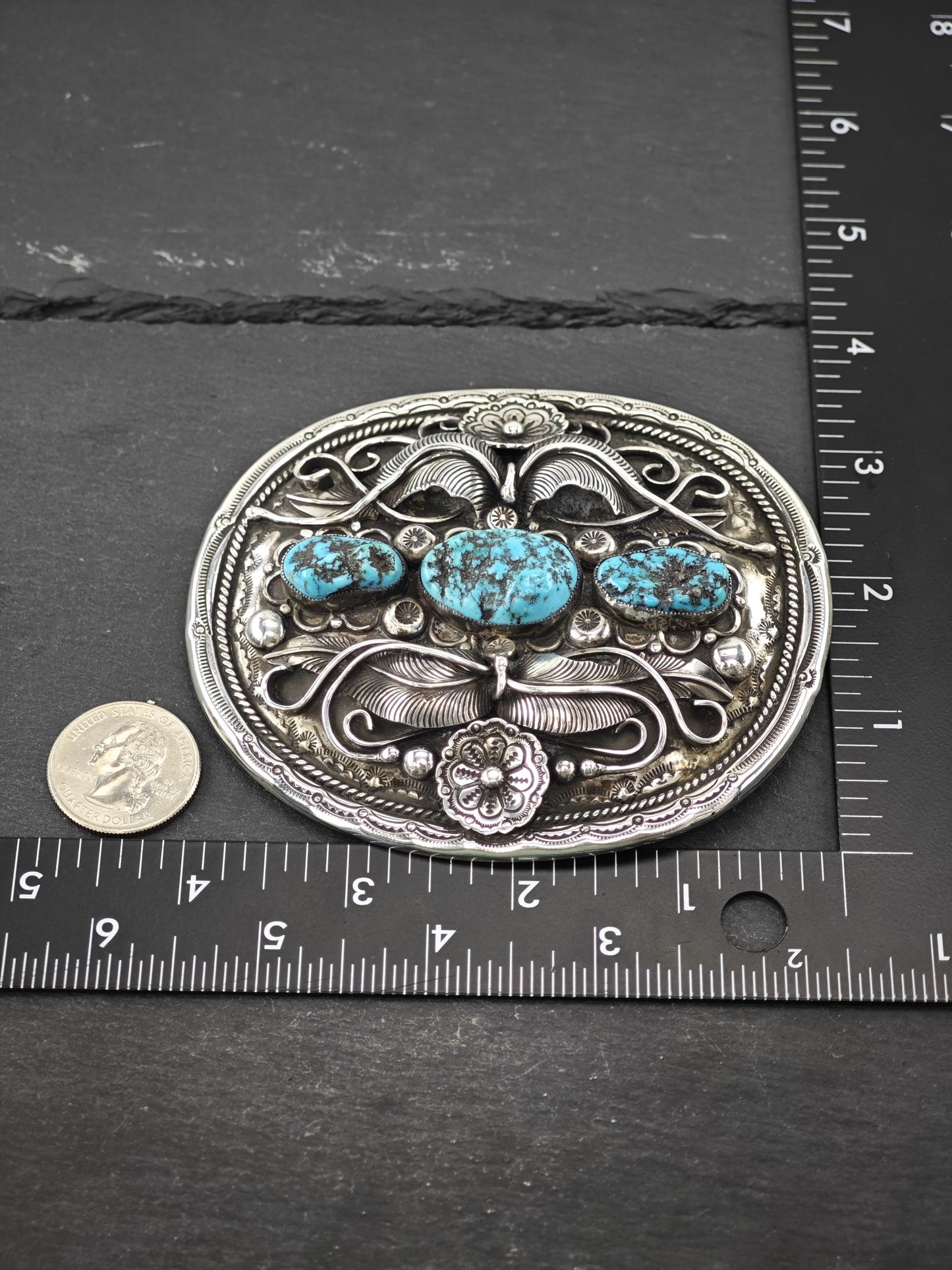 Native American Large Turquoise Belt Buckle Sterling Silver