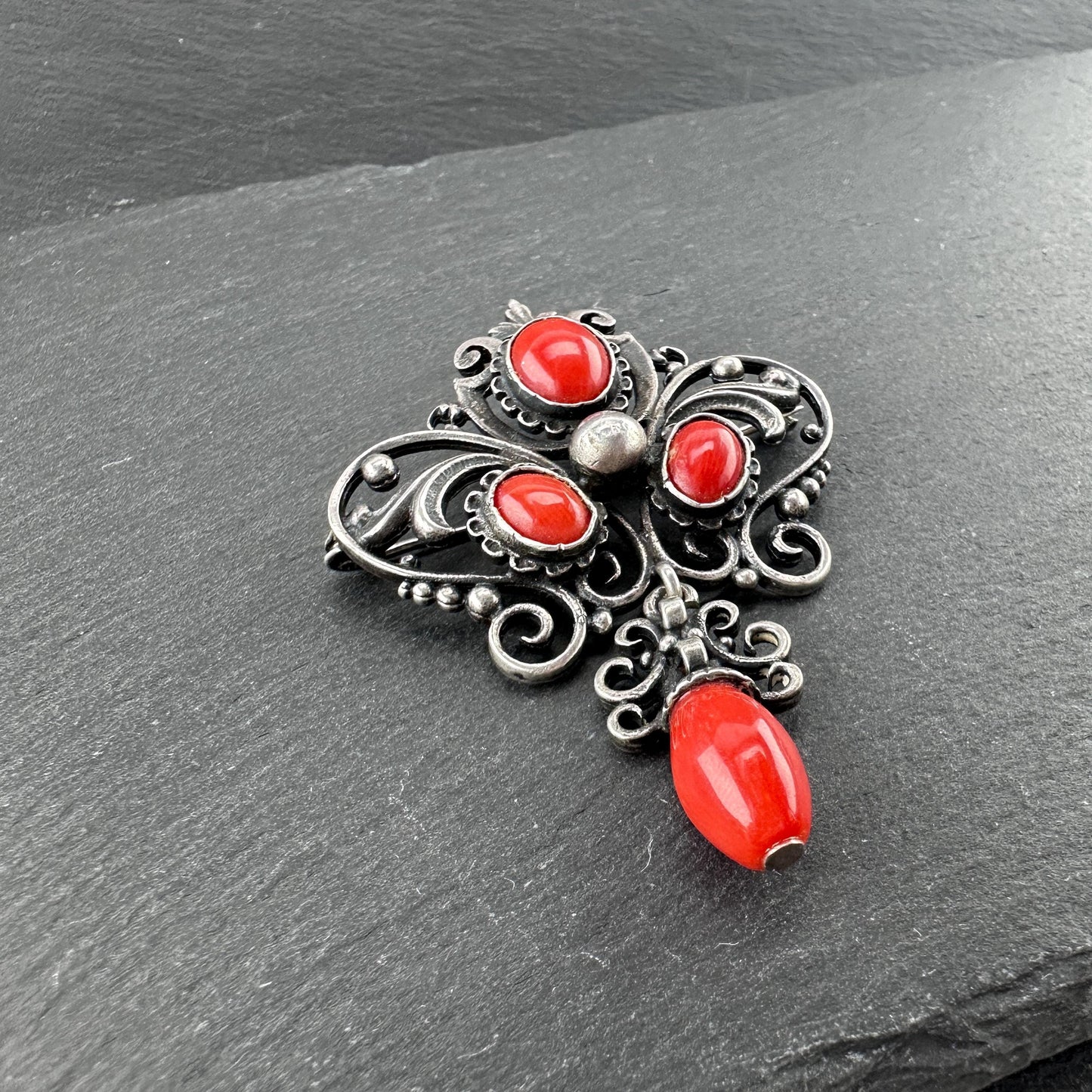 Late Victorian Red Coral Sterling Silver Brooch
