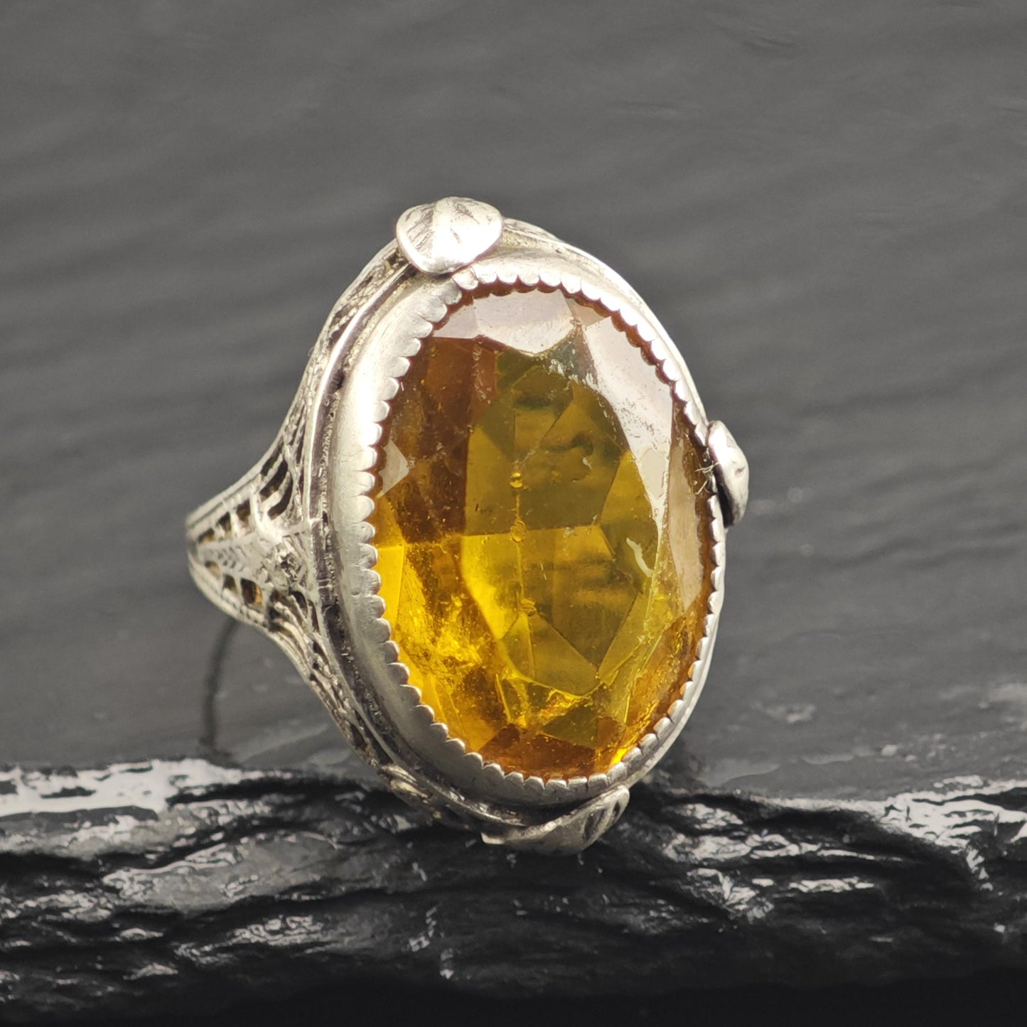 AS IS Art Deco Filigree Orange Paste Sterling Silver Ring Sz 5 3/4 R6675
