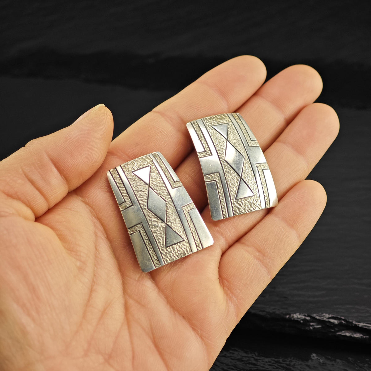Vintage Navajo, Native American Geometric Sterling Silver Clip On Earrings ER3203