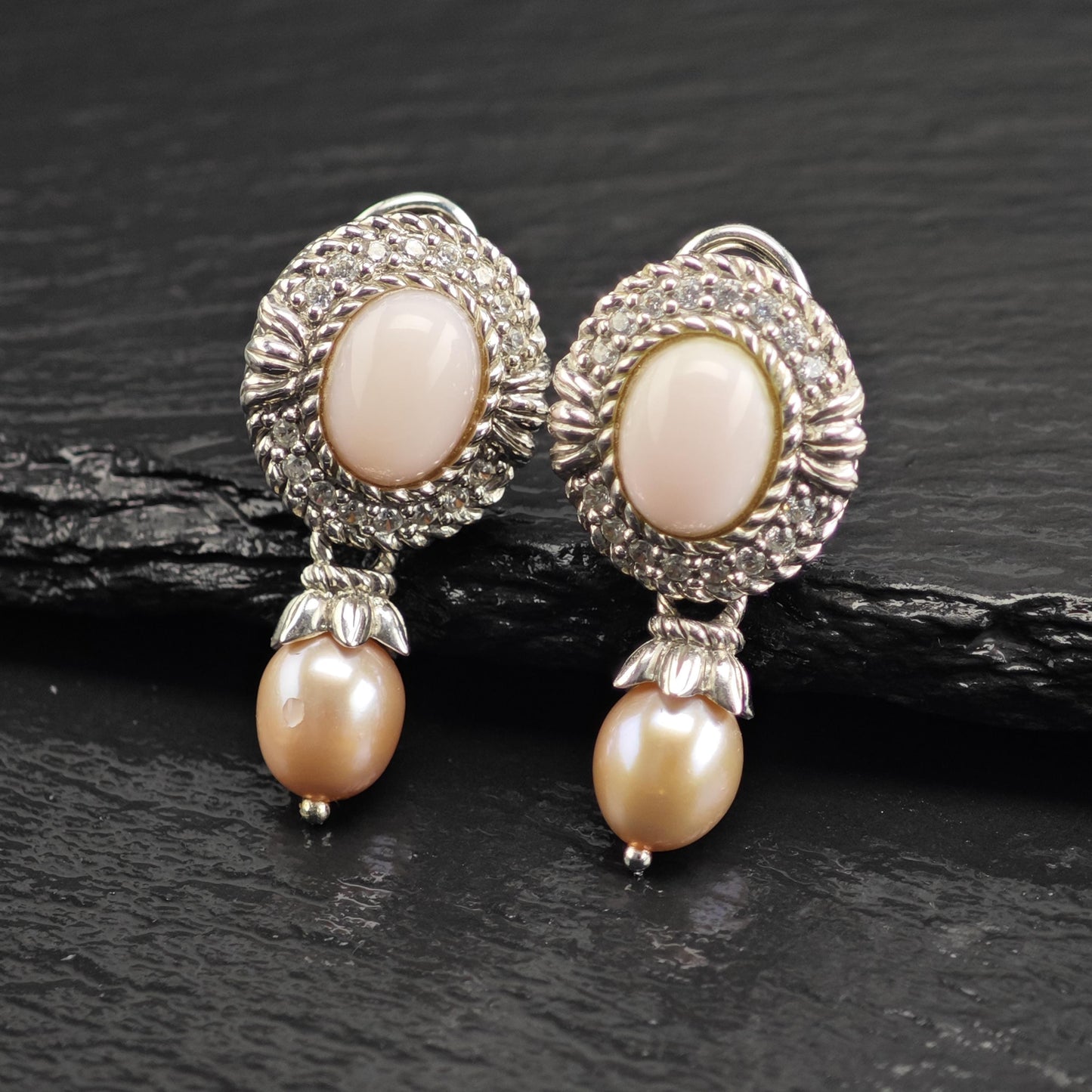 Vintage Judith Ripka Pink Cabochon, Pearl, CZ Omega Back Sterling Silver Earrings ER3195
