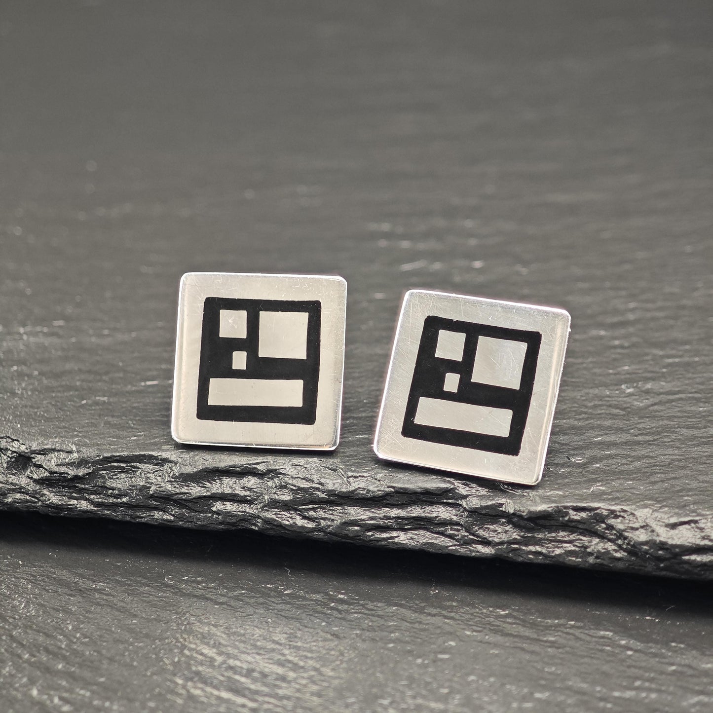 Vintage Warsaw, Poland Black Enamel Geometric Stud Earrings Sterling Silver