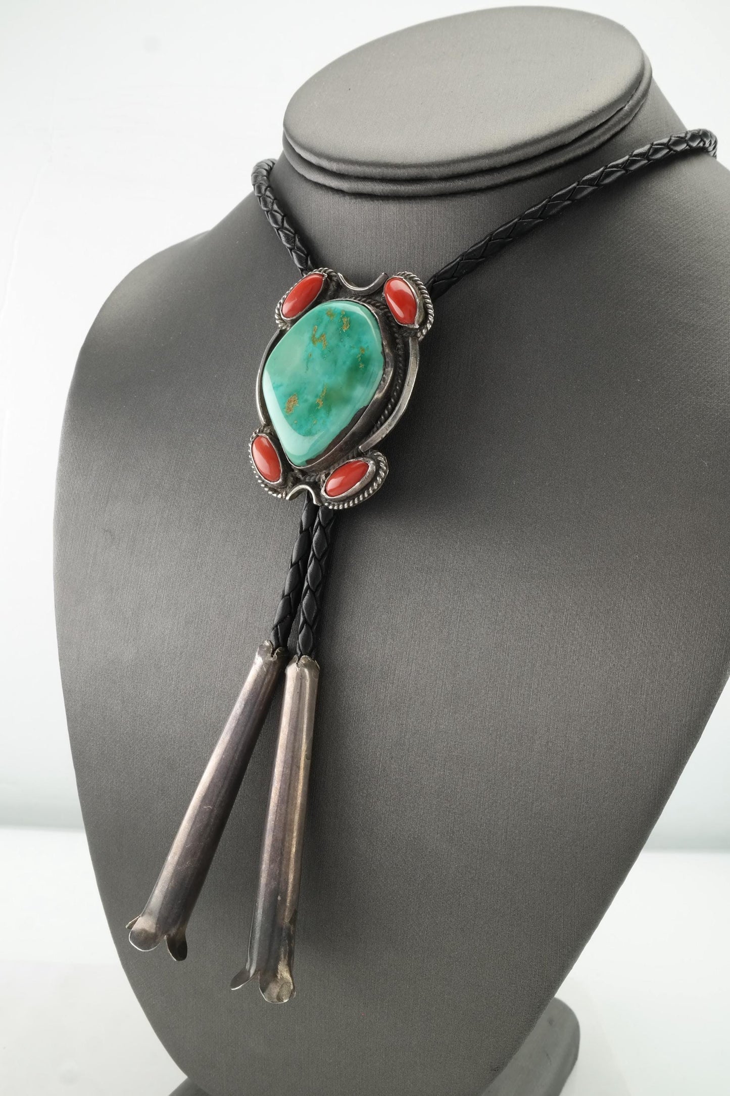 Native American Turquoise Coral Bolo Tie Sterling Silver Necklace