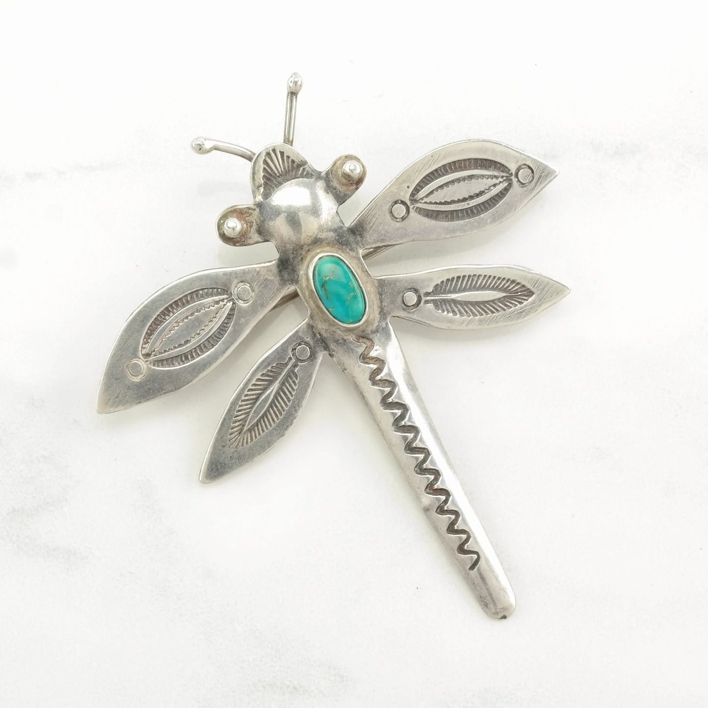 Native American Sterling Silver Brooch Stamped, Dragonfly Turquoise