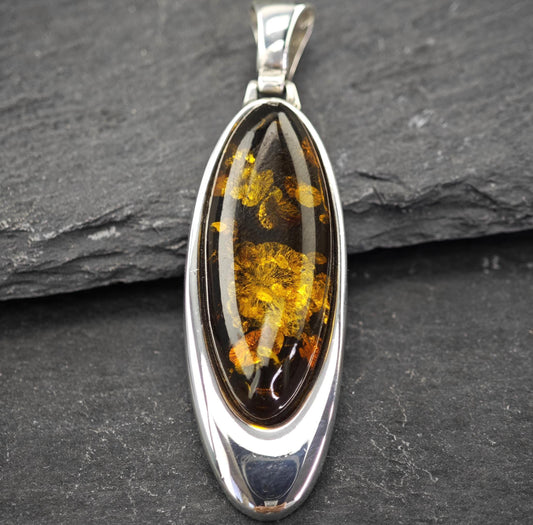 Vintage Modernist Amber Pendant, Poland Sterling Silver