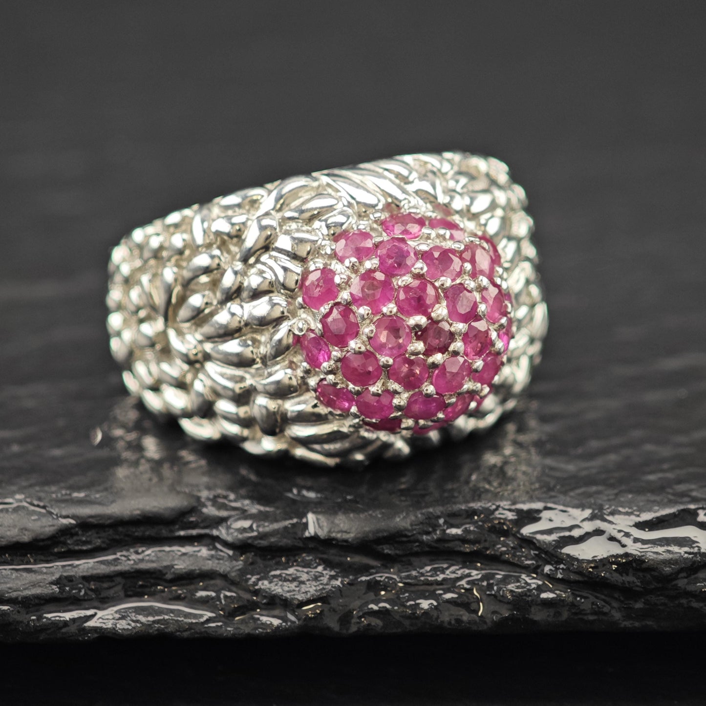 Ruby Cluster Dome Ring Sterling Silver Sz 7 1/4 R6132