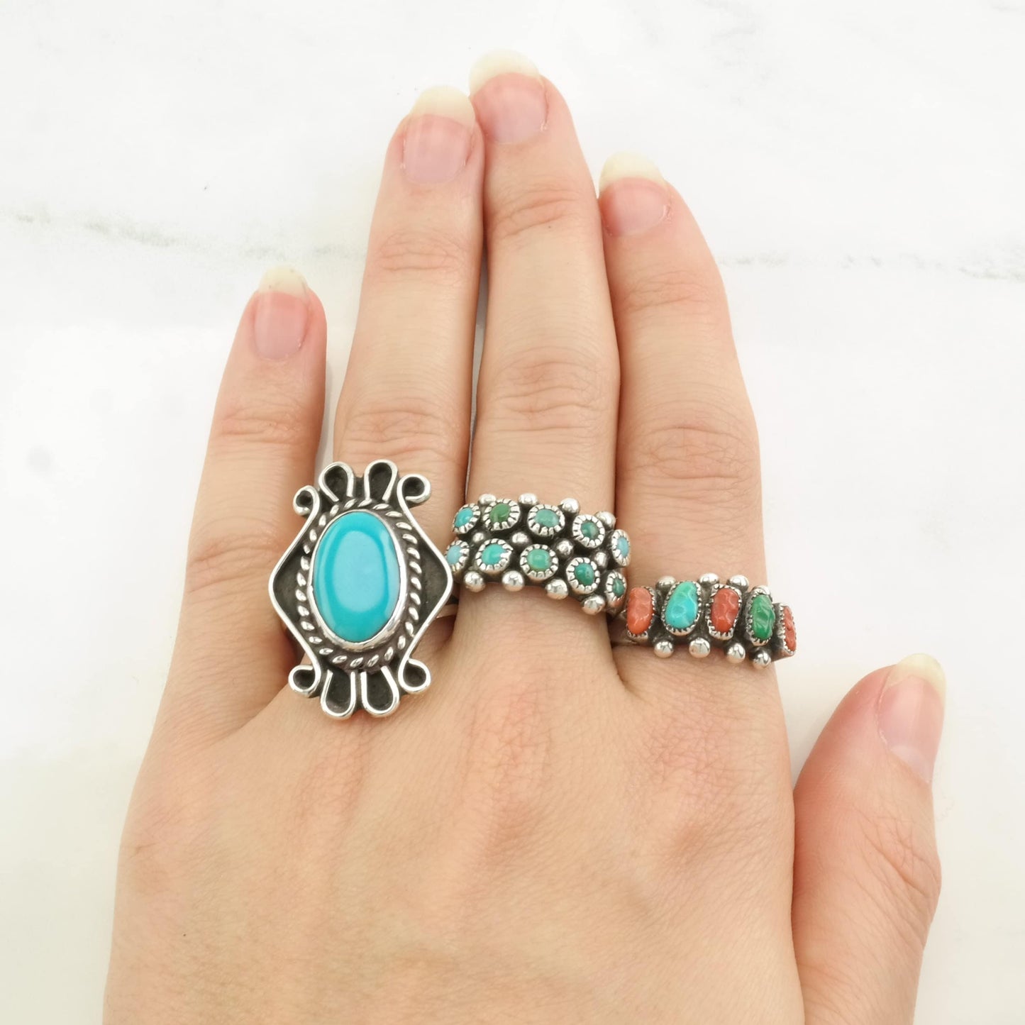 Southwest Silver Ring Turquoise Shadowbox Sterling Size 8