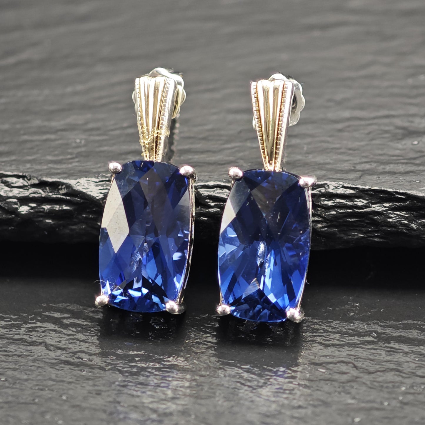 Designer Blue Lab Sapphire, 14K Gold Accent Sterling Silver Stud Earrings ER3183
