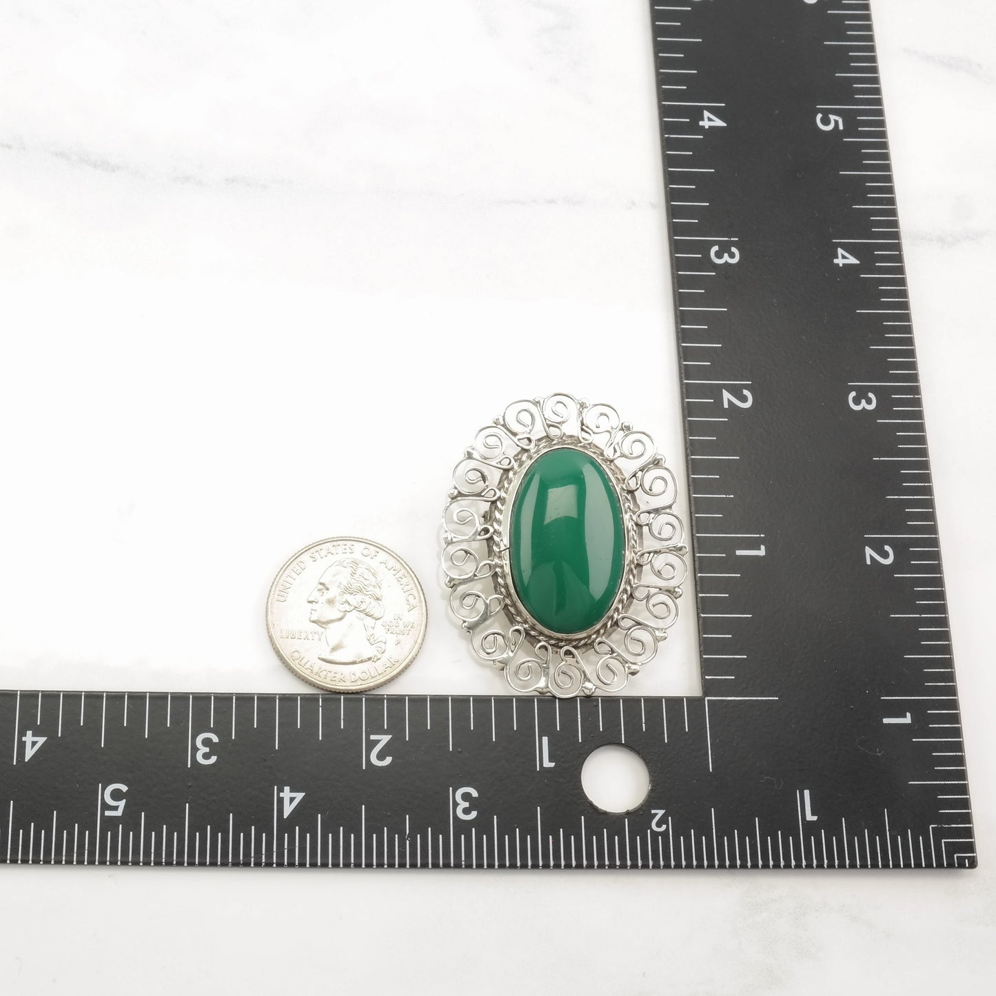 Mexican Sterling Silver Brooch Pendant Scroll Green Onyx