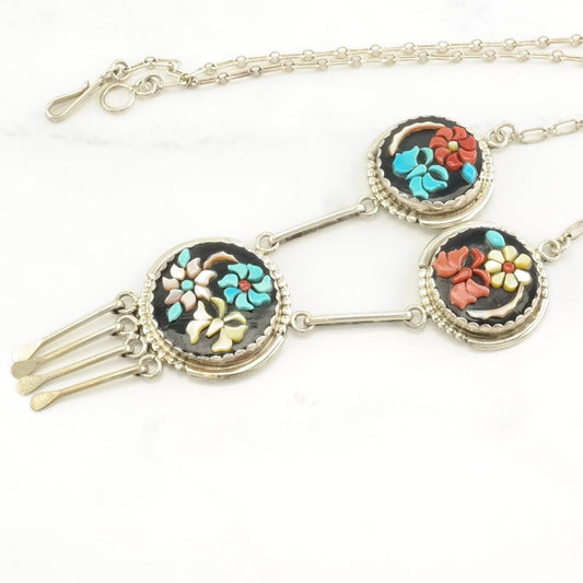 Vintage Zuni Sterling Silver Onyx, Coral, Turquoise, MOP Floral, Butterfly, Inlay Necklace