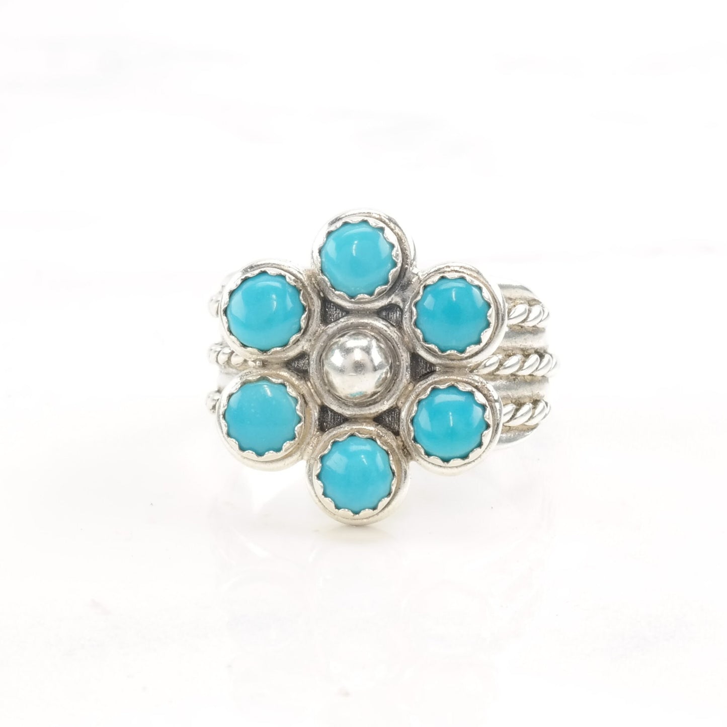 Southwest Silver Ring Turquoise Cluster Flower Size 6 1/2