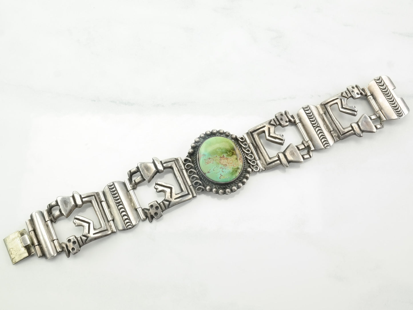 Native American Sterling Silver Line Bracelet Turquoise Figure