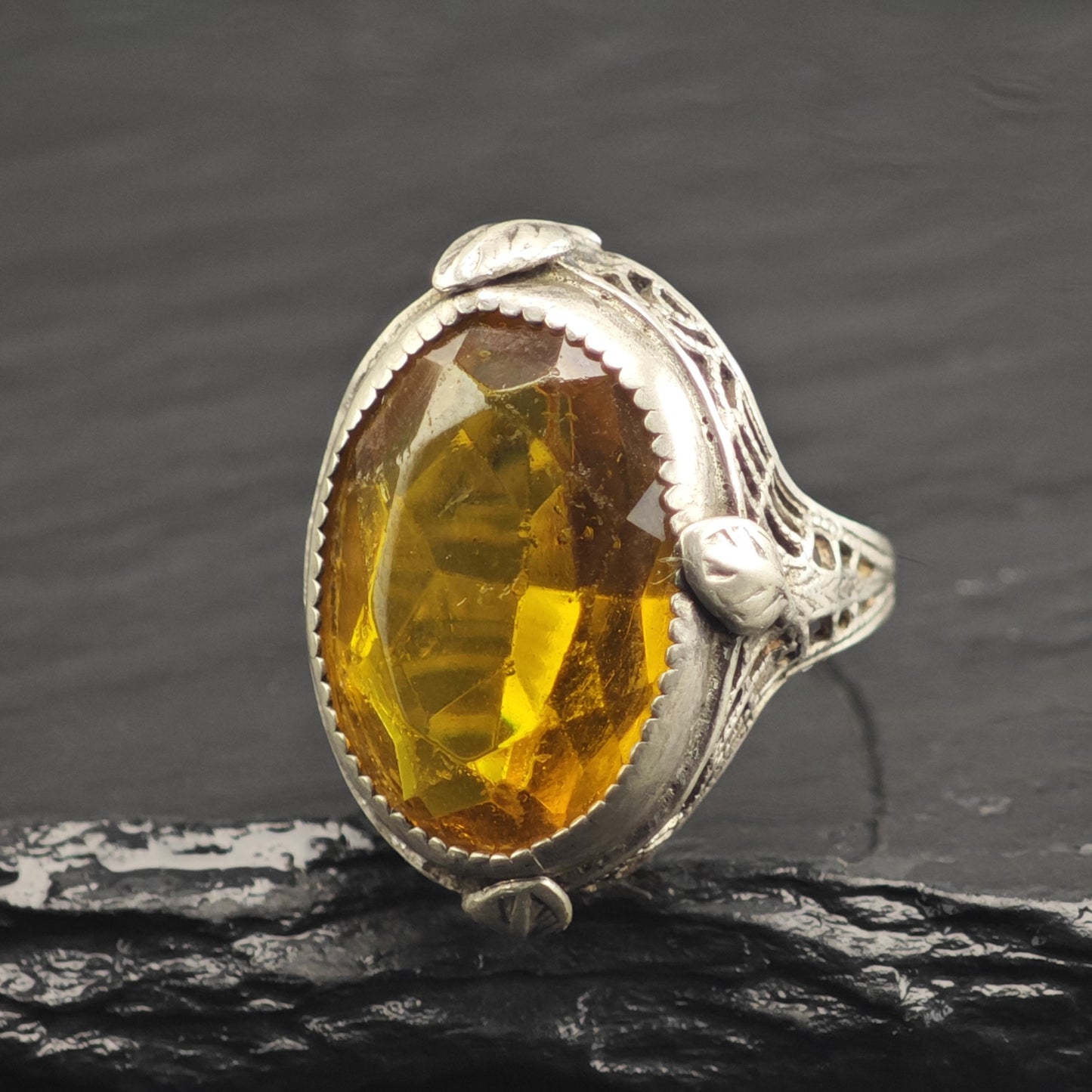 AS IS Art Deco Filigree Orange Paste Sterling Silver Ring Sz 5 3/4 R6675
