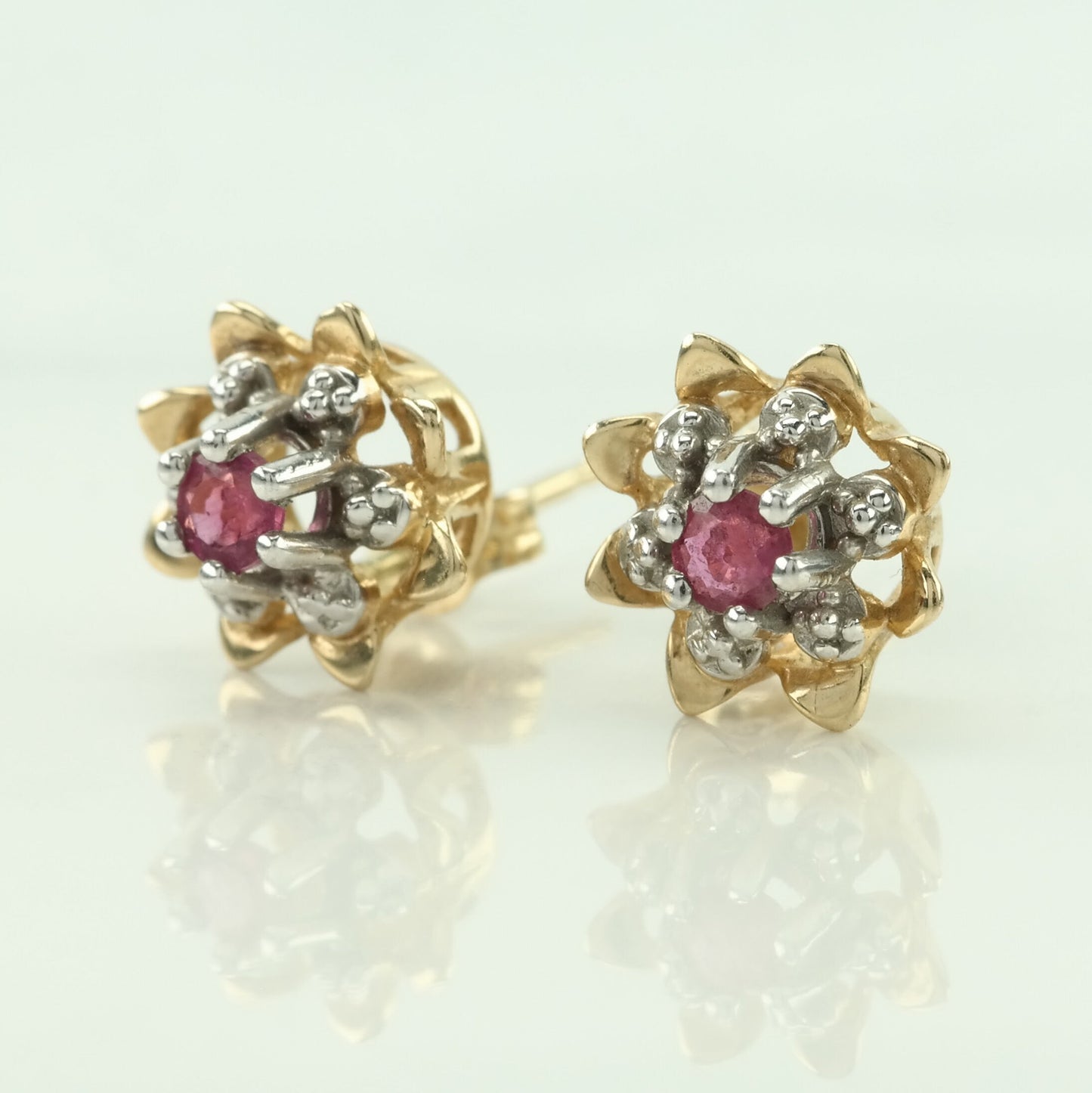 Vintage 14k Gold Stud Earrings Pink Ruby Floral