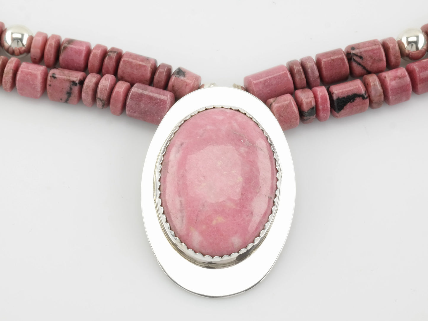 Vintage Southwest Sterling Silver Pink Rhodonite Bead Necklace