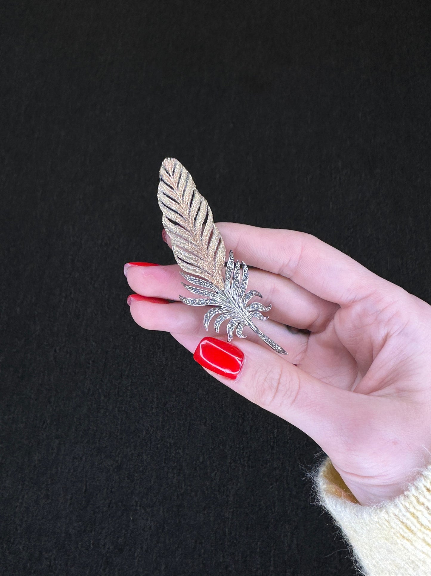 Art Deco Sterling Silver Brooch Large Feather Gold Accent Marcasite