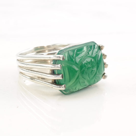 Silver Ring Chrysoprase Floral Carved Size 7