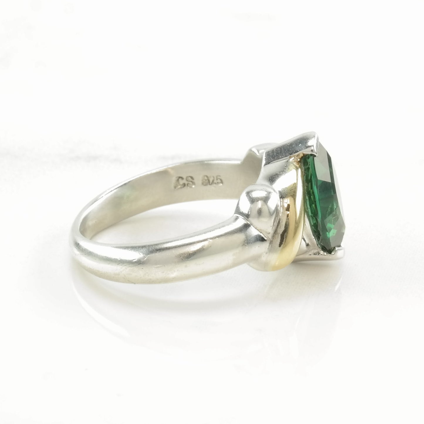 Vintage Sterling Silver Ring Green Gemstone 18K Gold Accent Size 6