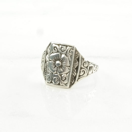 Vintage Antique Silver Ring Floral Hand Engraved Sterling Size 6 3/4, 7 1/4