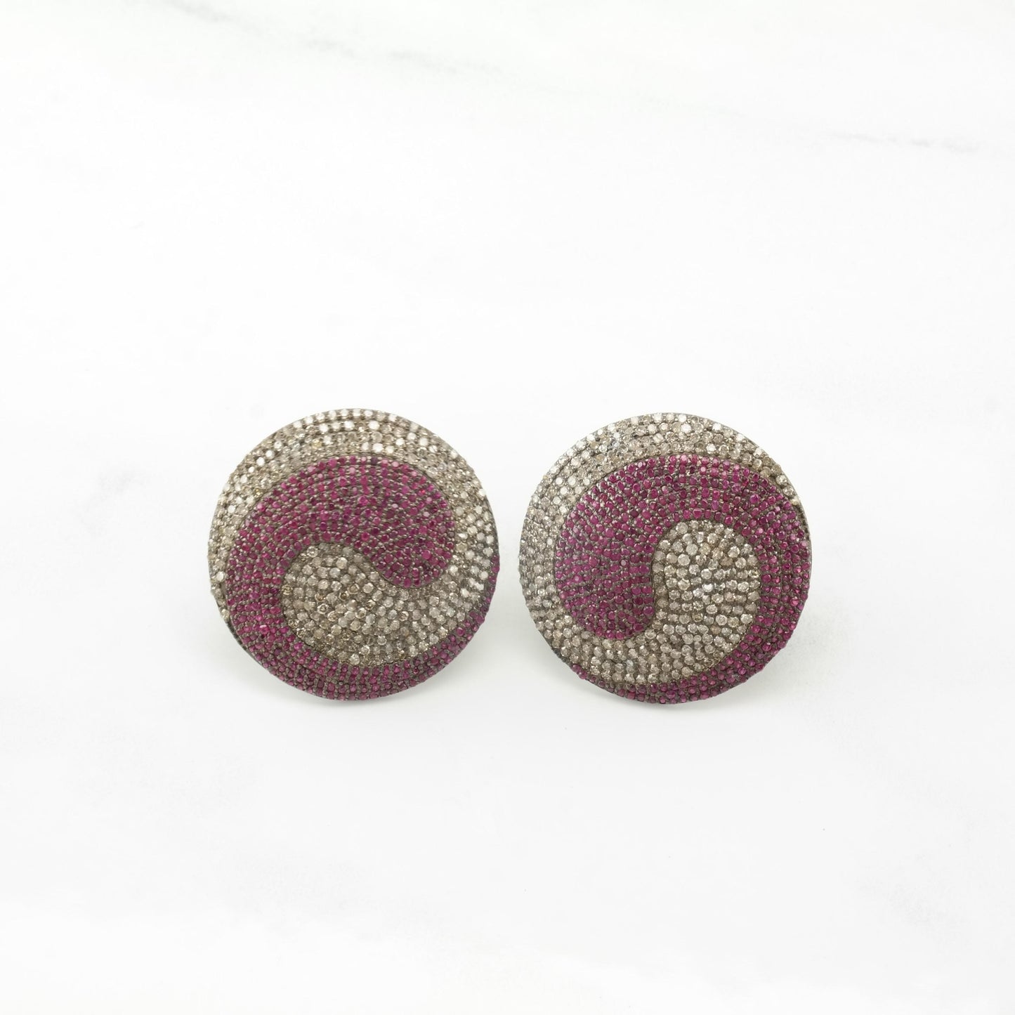 Vintage Pink, White Diamond, Ruby Dome, Modernist, Large Sterling Silver Pierced Earrings