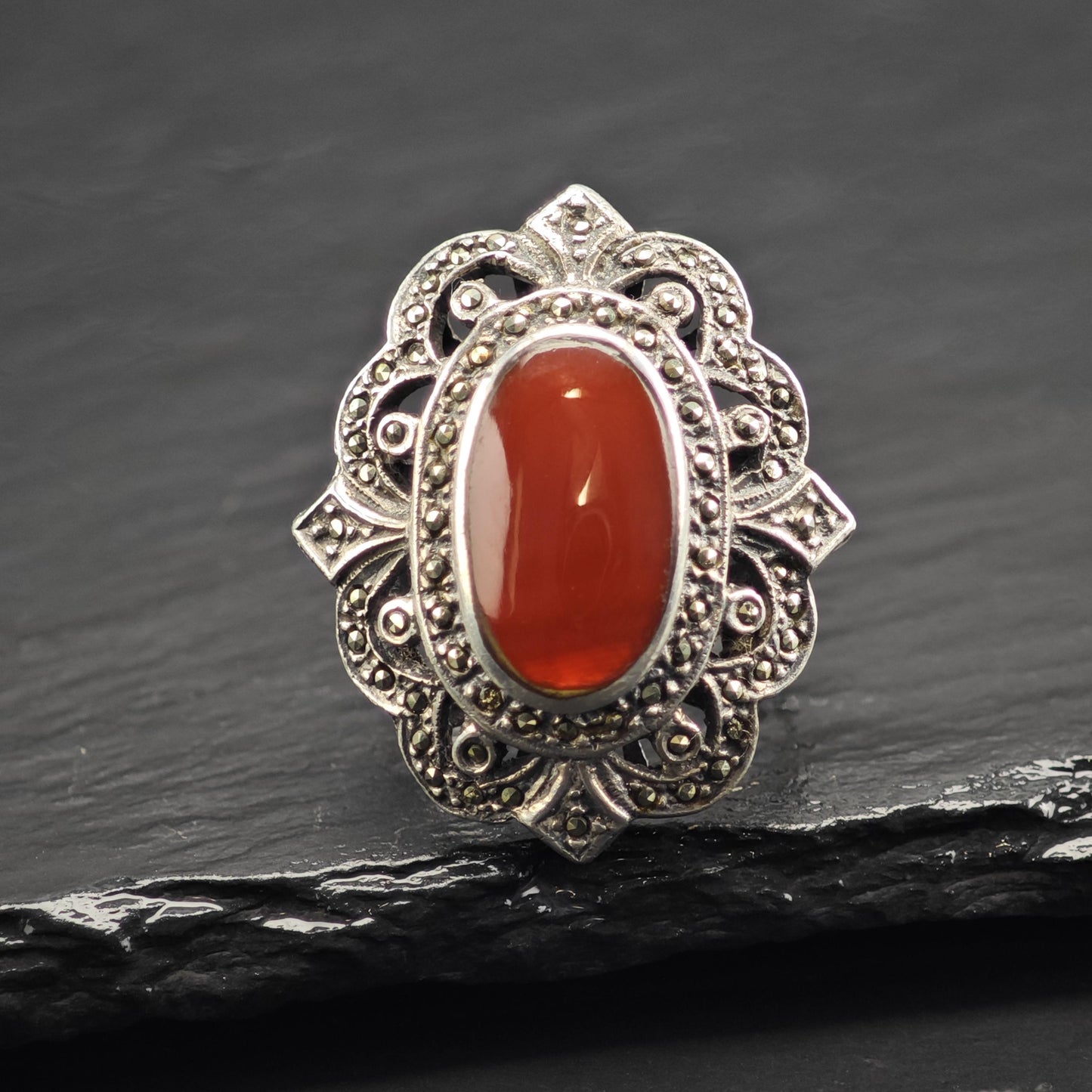 Large Art Deco Style Carnelian Cabochon Sterling Silver Ring Sz 9 1/4 R6706
