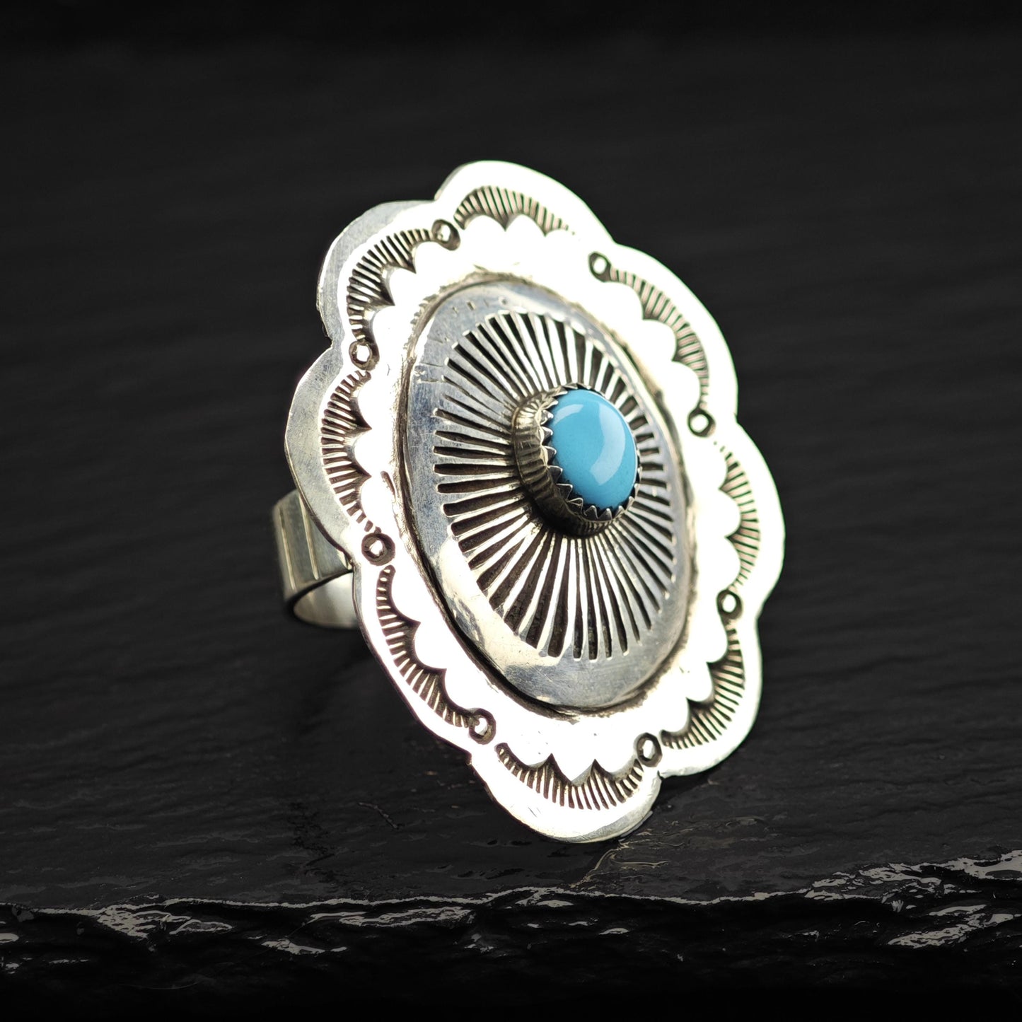 Turquoise Concho Ring Sterling Silver Sz 10 1/4 R6619