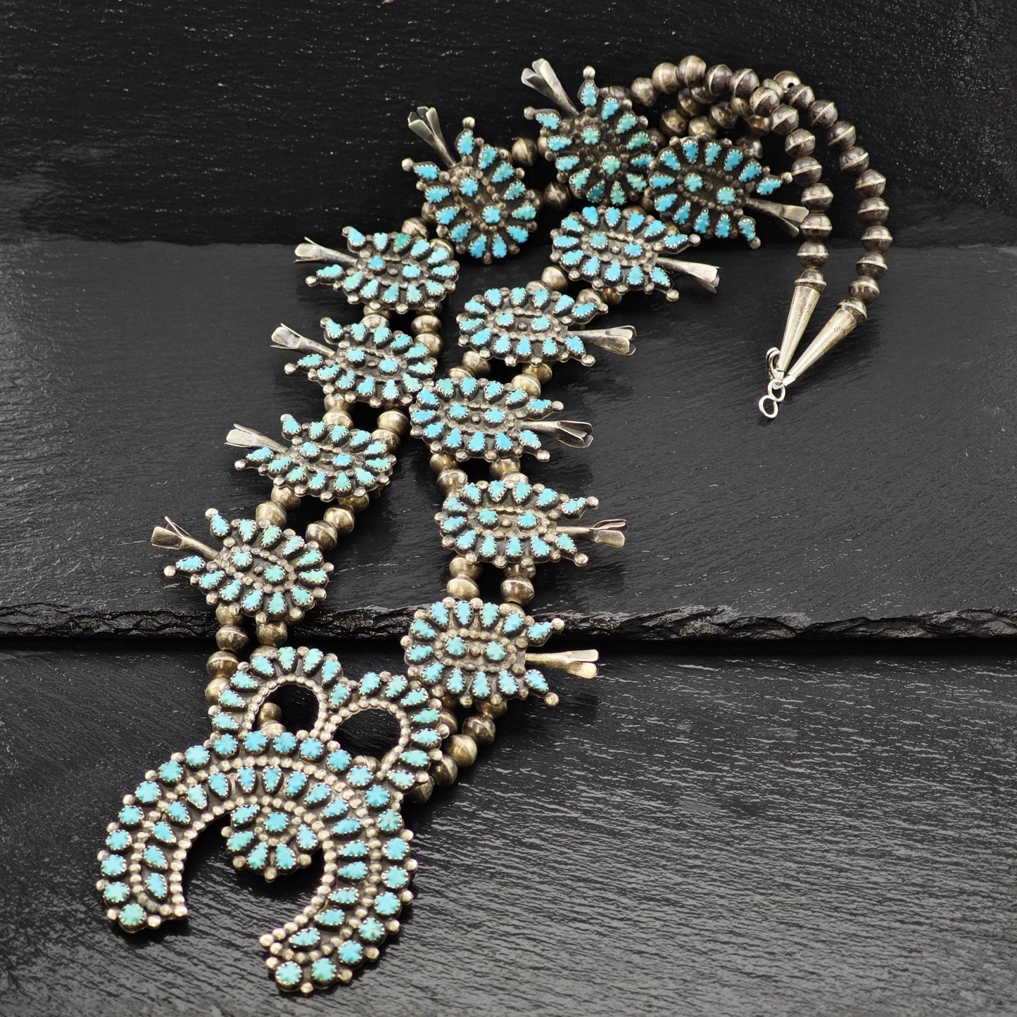 Zuni Carved Turquoise Cluster Squash Blossom Necklace Sterling Silver 30 1/2" N2668