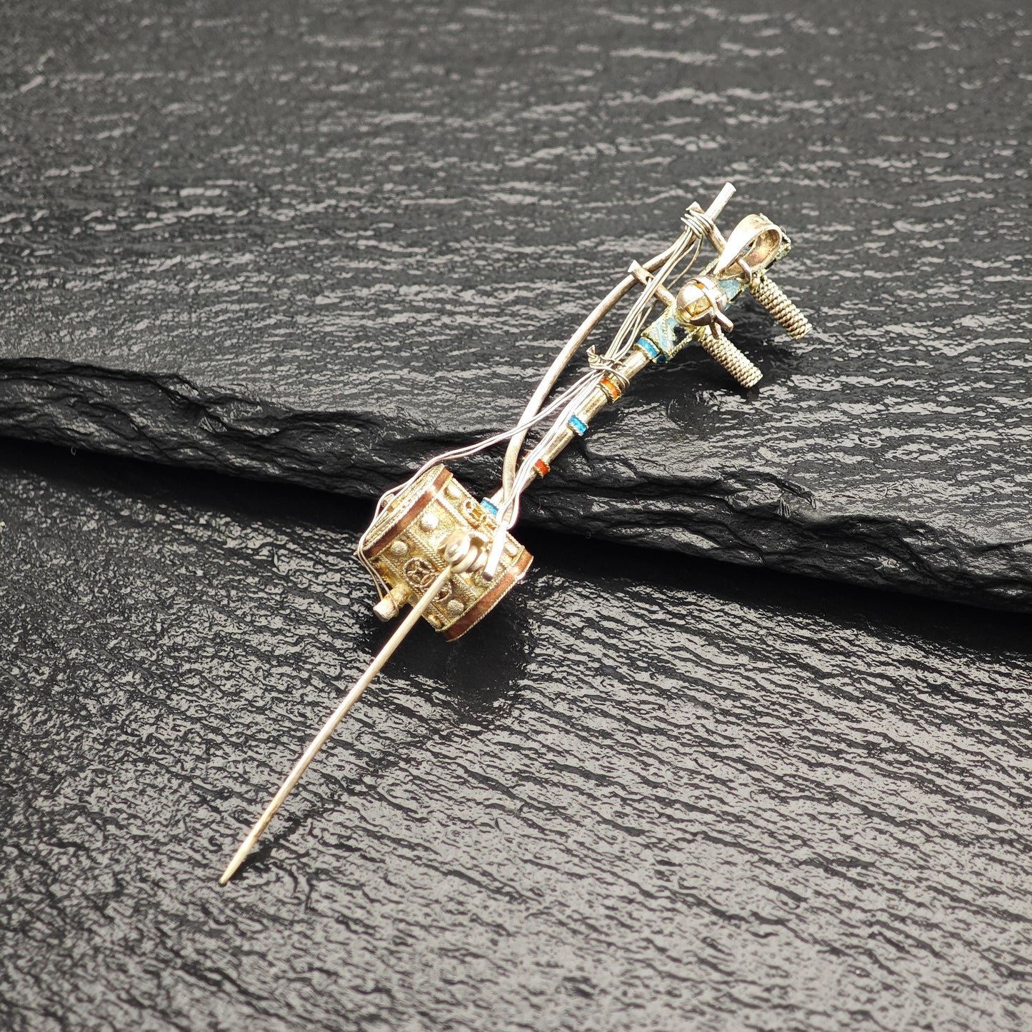 Chinese Export Erhu, Musical Instrument Enamel Brooch/Pendant Sterling Silver