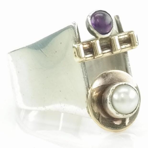 Vintage Studio Silver Ring Amethyst, Pearl Modernist Sterling Size 6 1/4