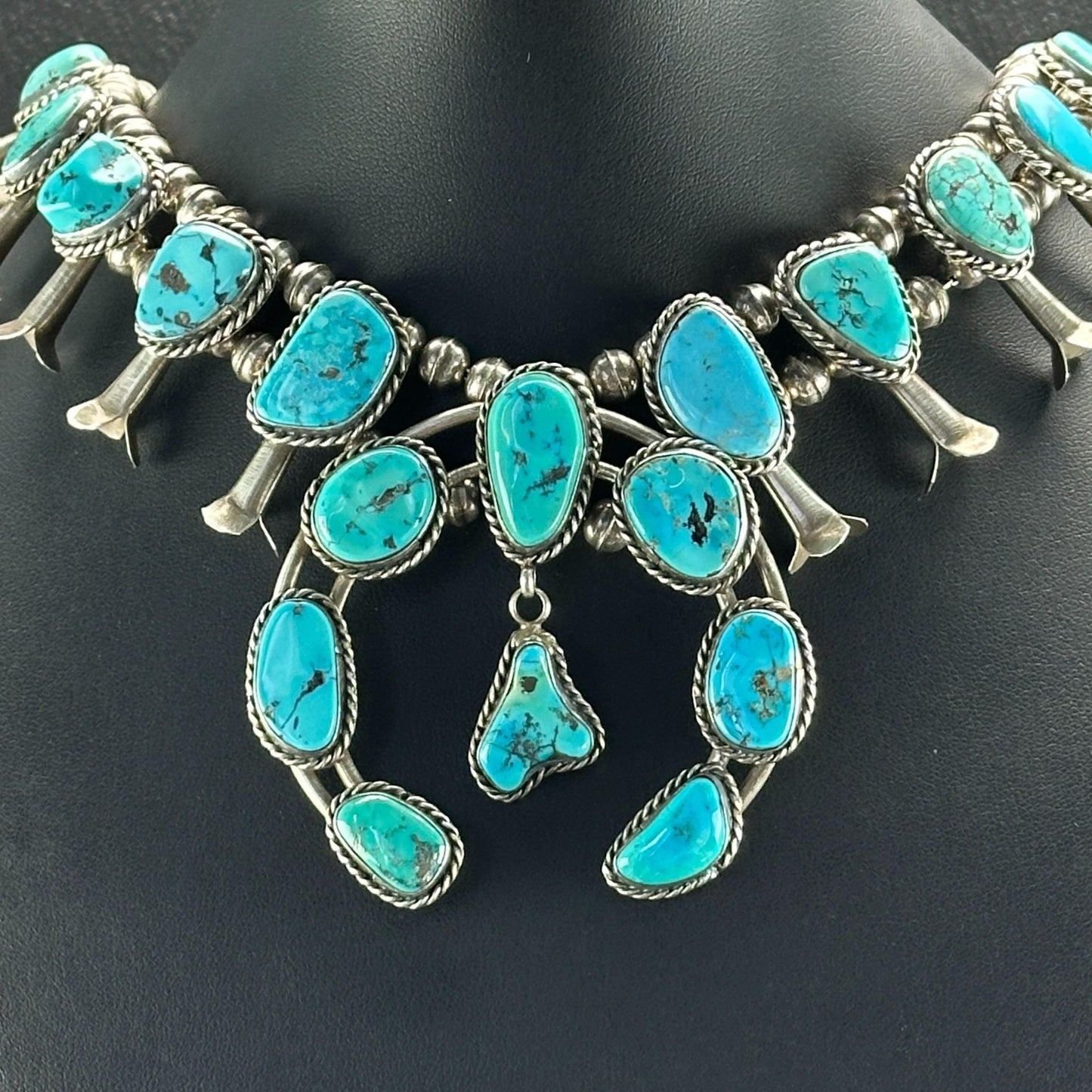 Native American Sleeping Beauty Turquoise Squash Blossom Necklace in Sterling Silver