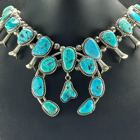 Native American Sleeping Beauty Turquoise Squash Blossom Necklace in Sterling Silver
