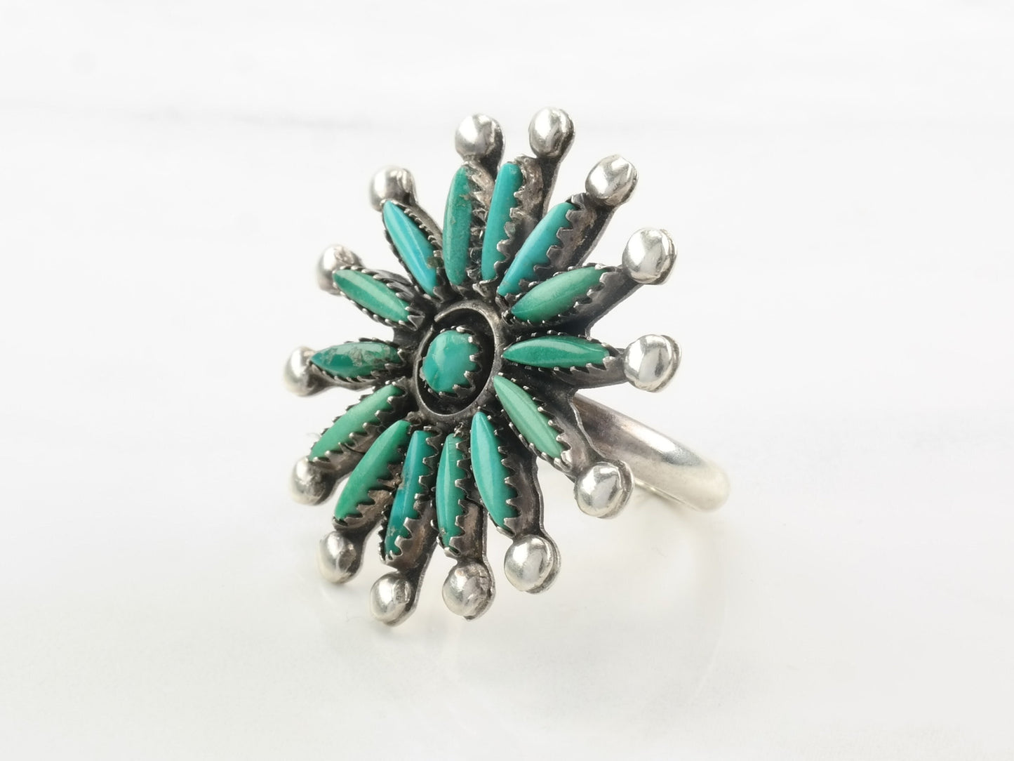 Vintage Zuni Silver Ring Turquoise Needlepoint, Floral Sterling Size 8 3/4