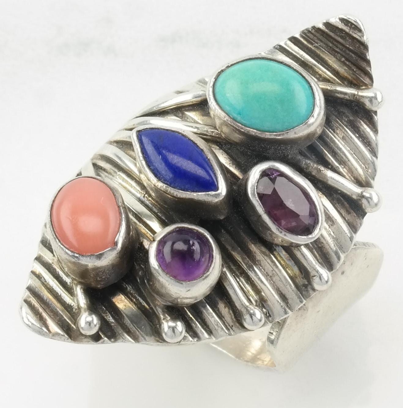 Vintage NAKAI Silver Ring Multi Gem, Amethyst, Turquoise Fan Sterling Size 10 1/4