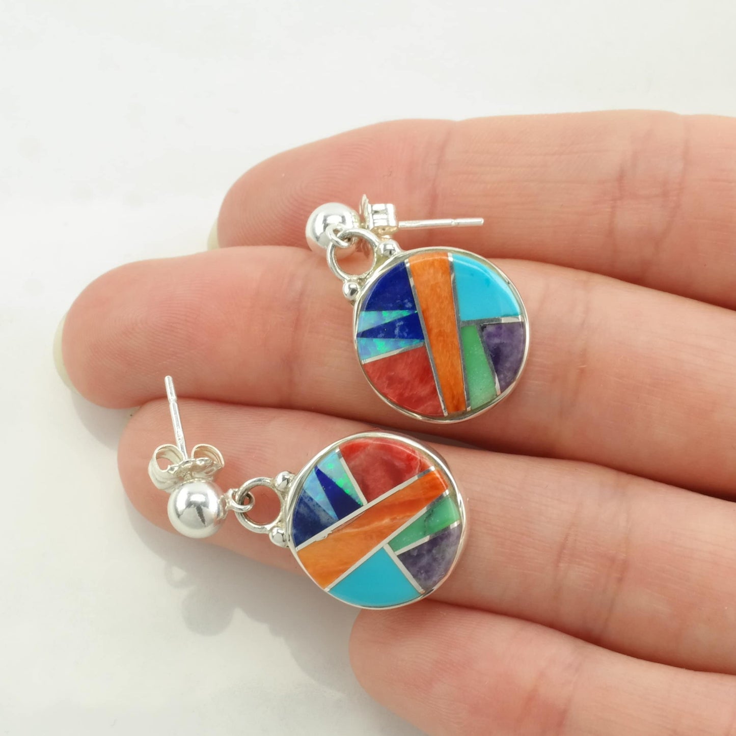 Sterling Silver Multi Color Spiny Oyster, Multi Gem Inlay Earrings Stud, Dangle