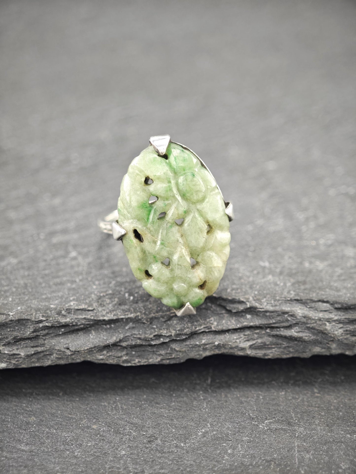 Carved Green Jadeite Jade, Floral Ring Sterling Silver