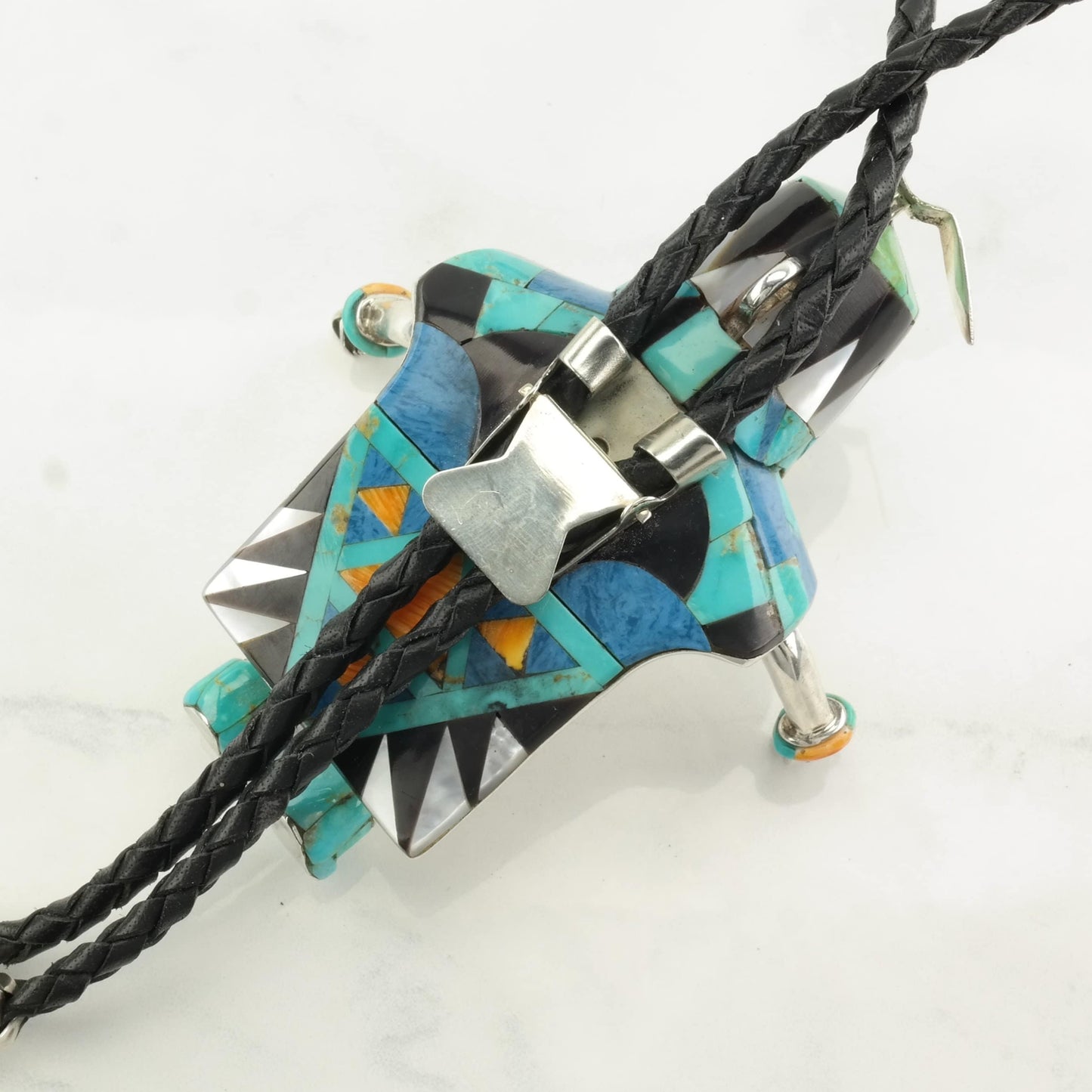 Native American Bolo Tie Sterling Silver Turquoise Inlay Kachina Necklace Attr. Carlos White Eagle